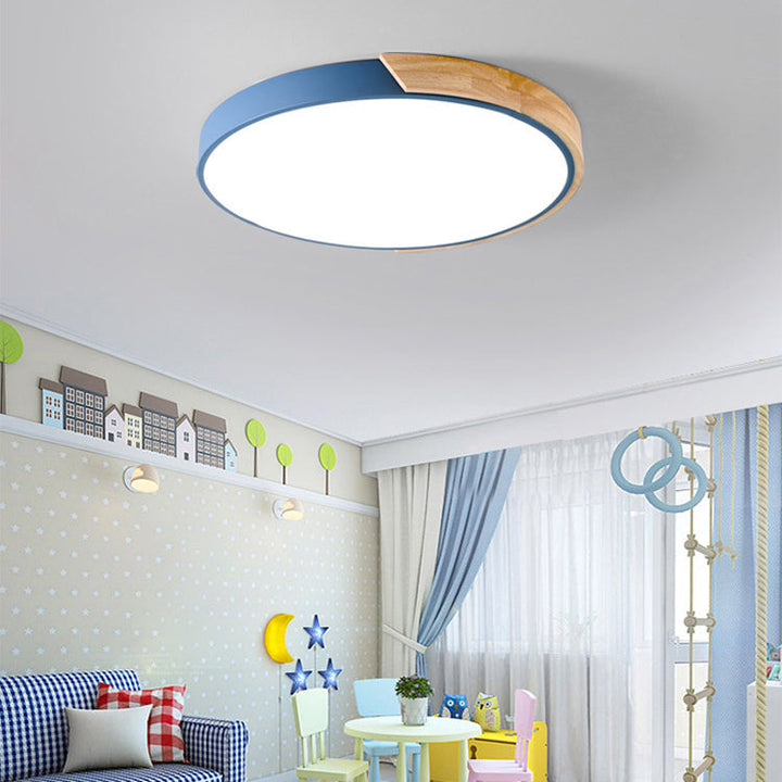 Modern Minimalist Round Macaron Iron Wood Acrylic LED Flush Mount Ceiling Light For Living Room