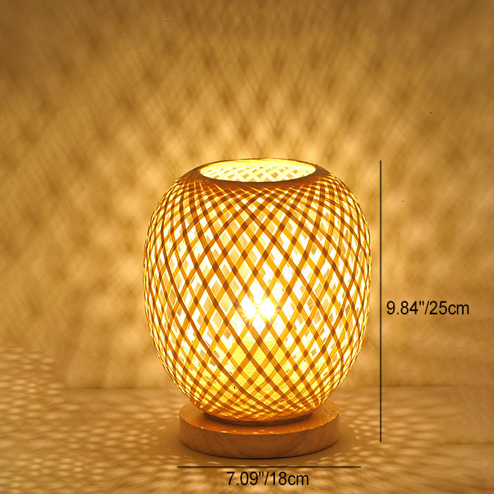 Contemporary Boho Wood Bamboo Weaving Lantern Shape 1-Light Table Lamp For Bedroom