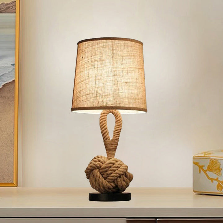 Contemporary Creative Nautical Twisted Rope Knot Drum Shape Fabric Iron 1-Light Table Lamp For Bedroom