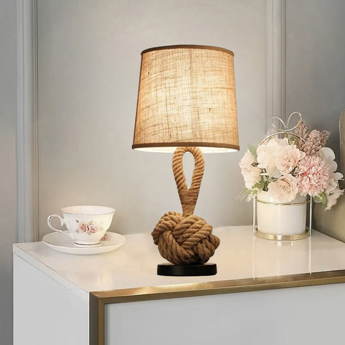 Contemporary Creative Nautical Twisted Rope Knot Drum Shape Fabric Iron 1-Light Table Lamp For Bedroom