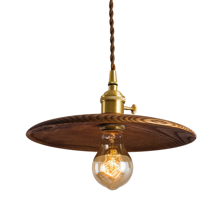 Contemporary Retro Pull Chain Wooden Handle Flying Saucer Brass Wood 1-Light Pendant Light For Dining Room