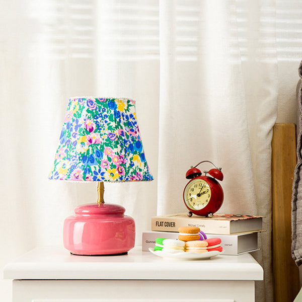 Contemporary Nordic Ceramic Fabric Colorful Plaid Pattern Drum Shape 1-Light Table Lamp For Bedroom