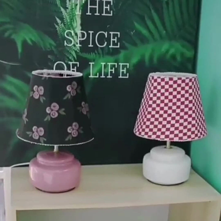 Contemporary Nordic Ceramic Fabric Colorful Plaid Pattern Drum Shape 1-Light Table Lamp For Bedroom