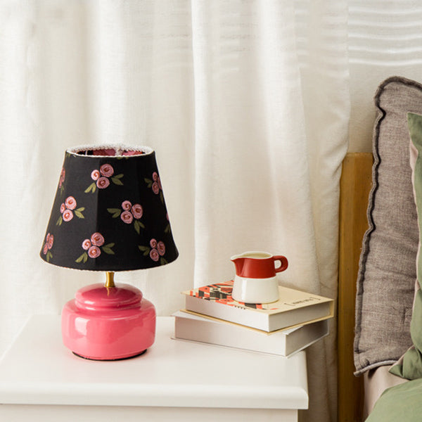Contemporary Nordic Ceramic Fabric Colorful Plaid Pattern Drum Shape 1-Light Table Lamp For Bedroom