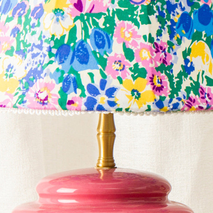 Contemporary Nordic Ceramic Fabric Colorful Plaid Pattern Drum Shape 1-Light Table Lamp For Bedroom