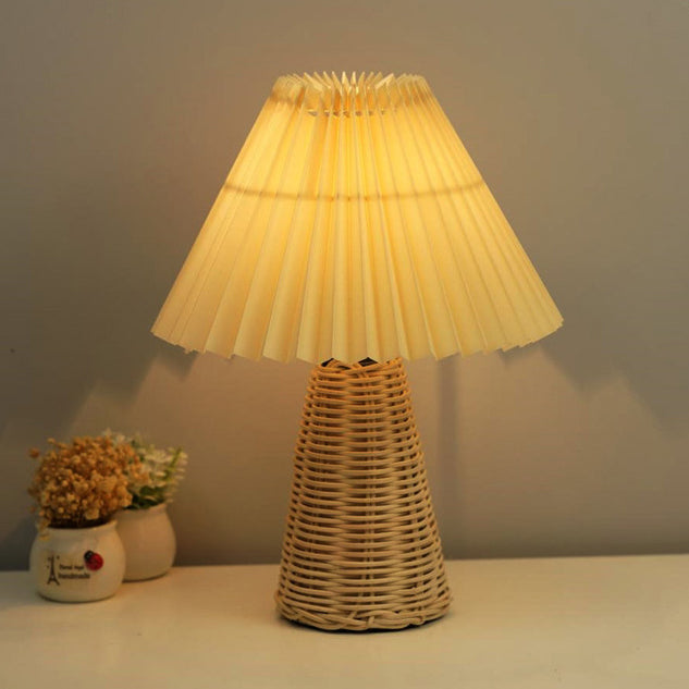 Contemporary Boho Pleated Drum Fabric Rattan LED Table Lamp For Bedroom
