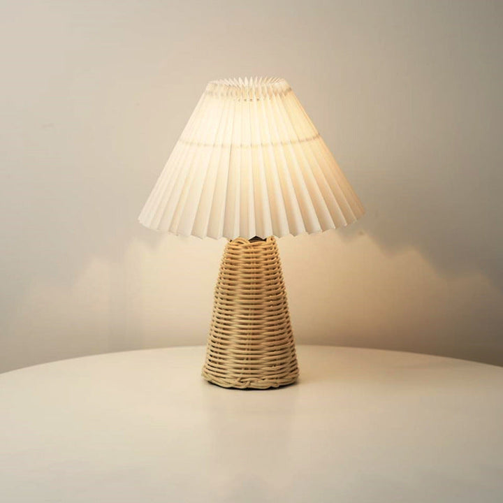 Contemporary Boho Pleated Drum Fabric Rattan LED Table Lamp For Bedroom