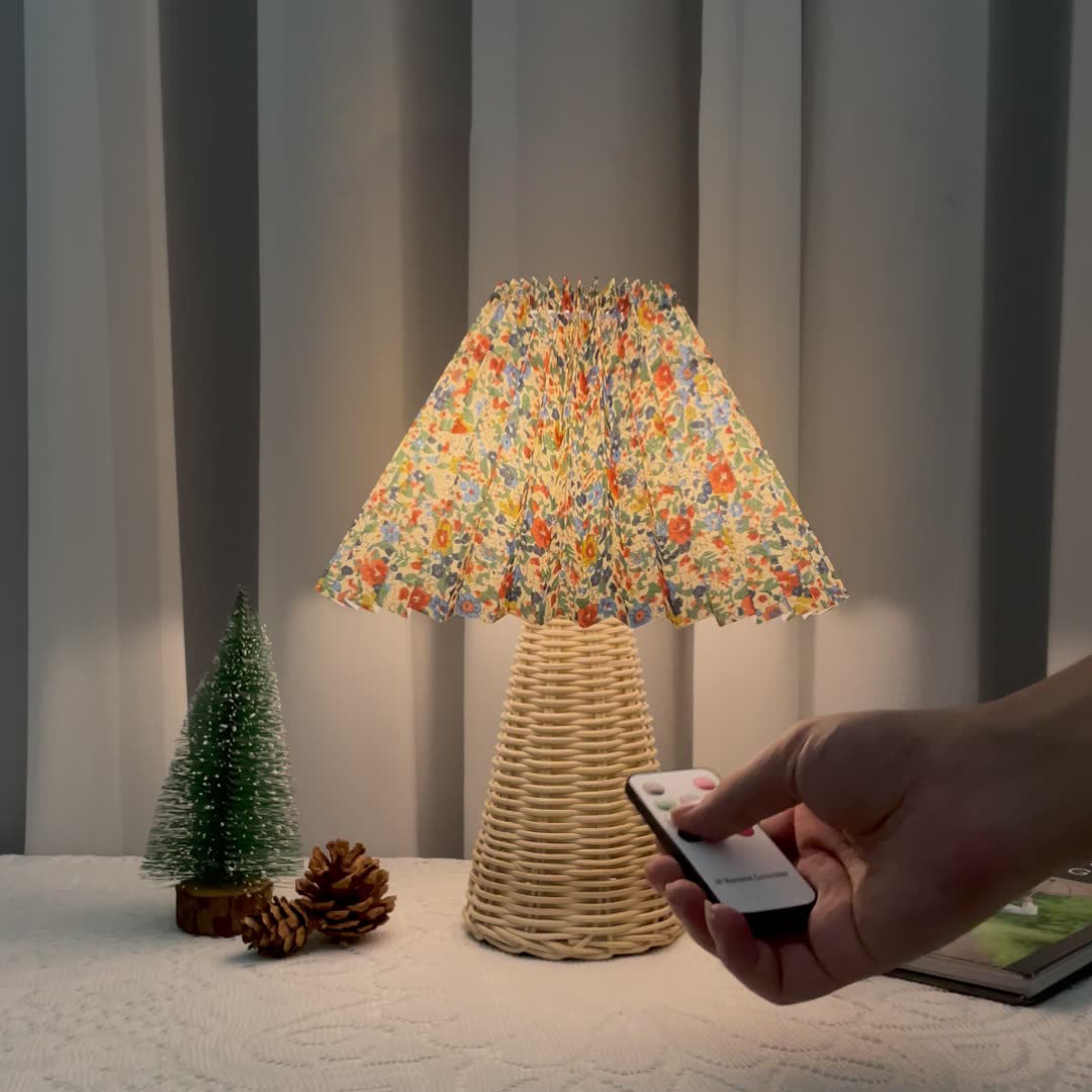 Contemporary Boho Pleated Drum Fabric Rattan LED Table Lamp For Bedroom