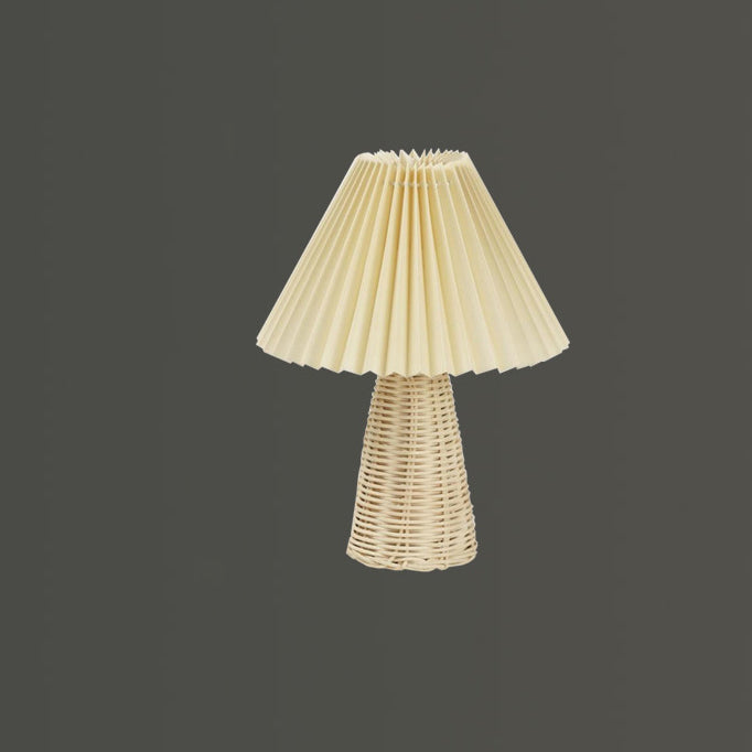 Contemporary Boho Pleated Drum Fabric Rattan LED Table Lamp For Bedroom