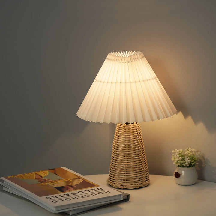 Contemporary Boho Pleated Drum Fabric Rattan LED Table Lamp For Bedroom