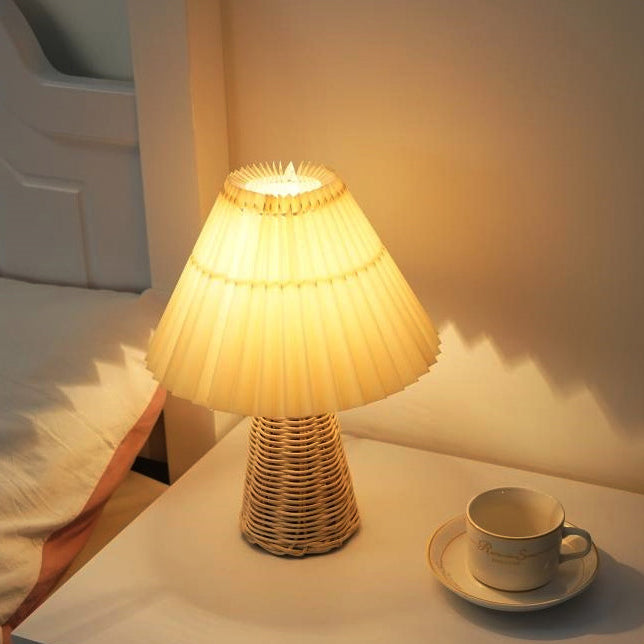 Contemporary Boho Pleated Drum Fabric Rattan LED Table Lamp For Bedroom