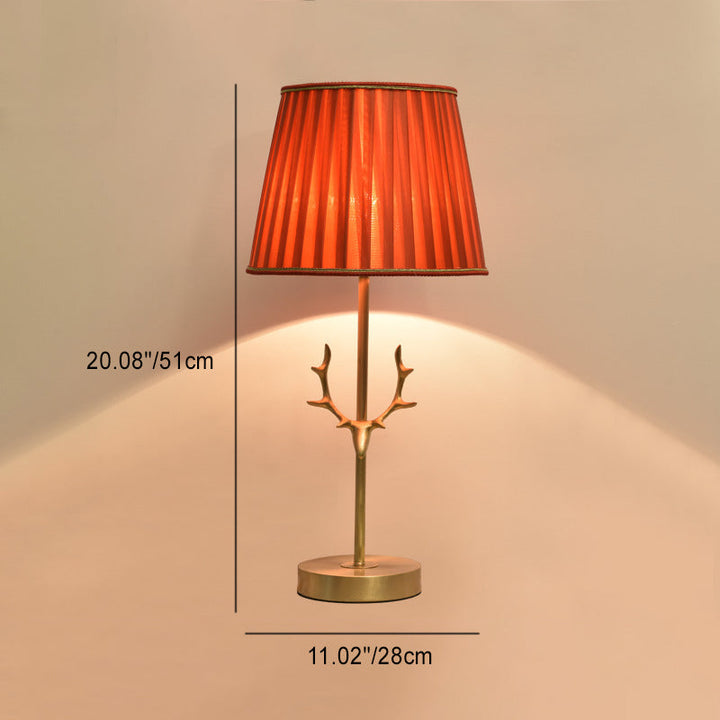 Contemporary Creative Drum Shape Pleated Brass Linen Deer Horn 1-Light Table Lamp For Bedroom