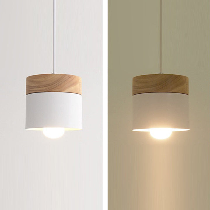 Modern Minimalist Wood Iron Round Cylinder 1-Light Pendant Light For Living Room