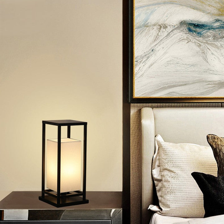 Traditional Chinese Rectangle Square Carbon Steel Fabric 1-Light Table Lamp For Bedroom
