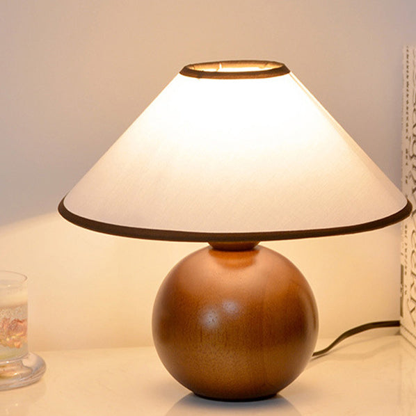 Traditional Vintage Round Table Ball Wooden Fabric 1-Light Table Lamp For Bedroom