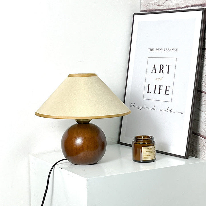 Traditional Vintage Round Table Ball Wooden Fabric 1-Light Table Lamp For Bedroom