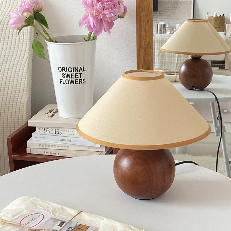 Traditional Vintage Round Table Ball Wooden Fabric 1-Light Table Lamp For Bedroom