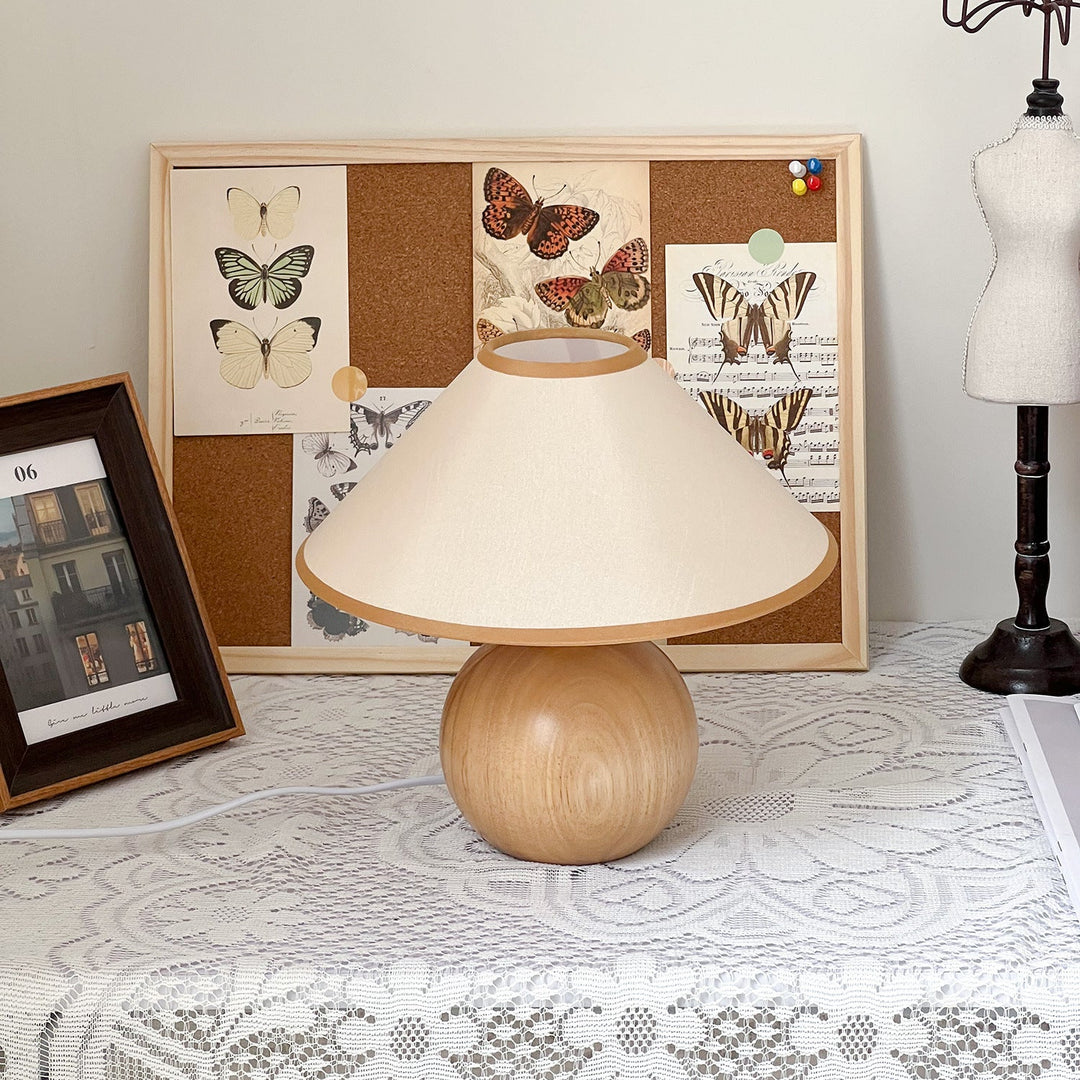Traditional Vintage Round Table Ball Wooden Fabric 1-Light Table Lamp For Bedroom