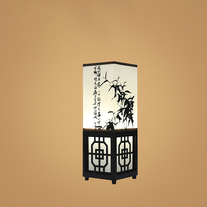 Traditional Chinese Rectangle Bamboo Leaf Pattern Wood Faux Parchment 1-Light Table Lamp For Bedroom