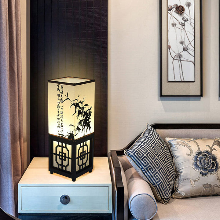 Traditional Chinese Rectangle Bamboo Leaf Pattern Wood Faux Parchment 1-Light Table Lamp For Bedroom