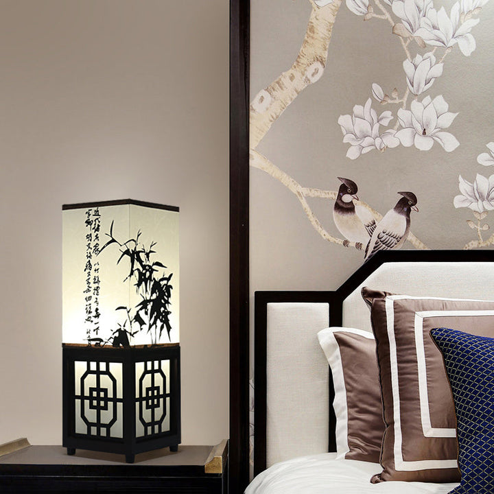 Traditional Chinese Rectangle Bamboo Leaf Pattern Wood Faux Parchment 1-Light Table Lamp For Bedroom