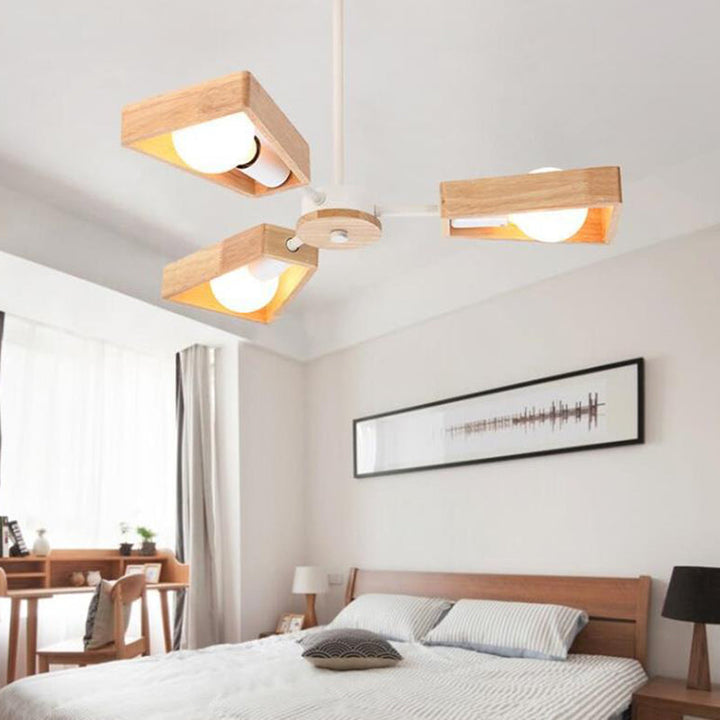 Contemporary Scandinavian Trapezoidal Branch Disc Base Iron Wood 3/5/6/8 Chandelier For Living Room