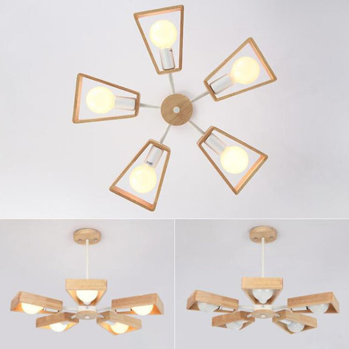 Contemporary Scandinavian Trapezoidal Branch Disc Base Iron Wood 3/5/6/8 Chandelier For Living Room