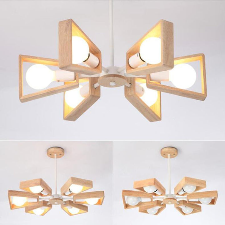 Contemporary Scandinavian Trapezoidal Branch Disc Base Iron Wood 3/5/6/8 Chandelier For Living Room