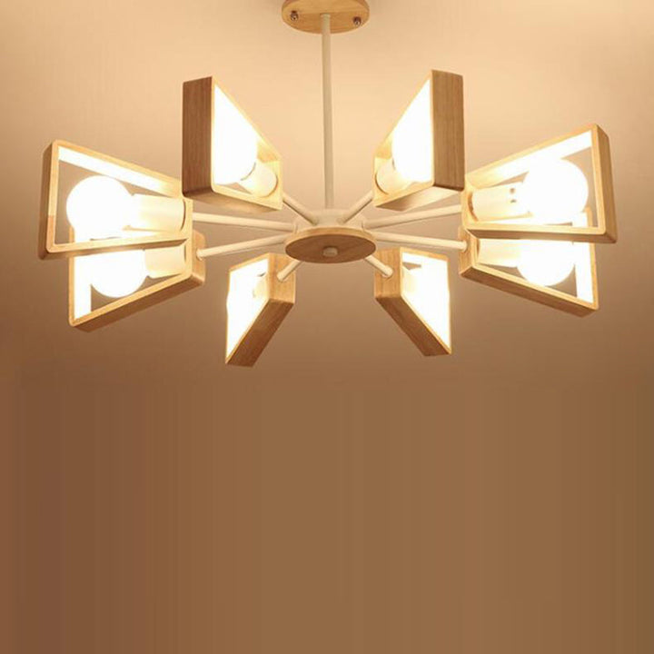 Contemporary Scandinavian Trapezoidal Branch Disc Base Iron Wood 3/5/6/8 Chandelier For Living Room