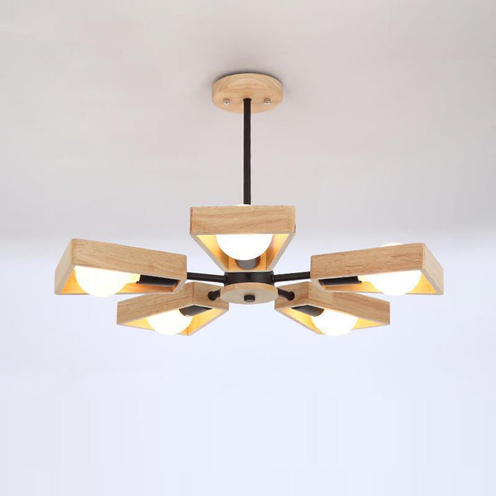 Contemporary Scandinavian Trapezoidal Branch Disc Base Iron Wood 3/5/6/8 Chandelier For Living Room
