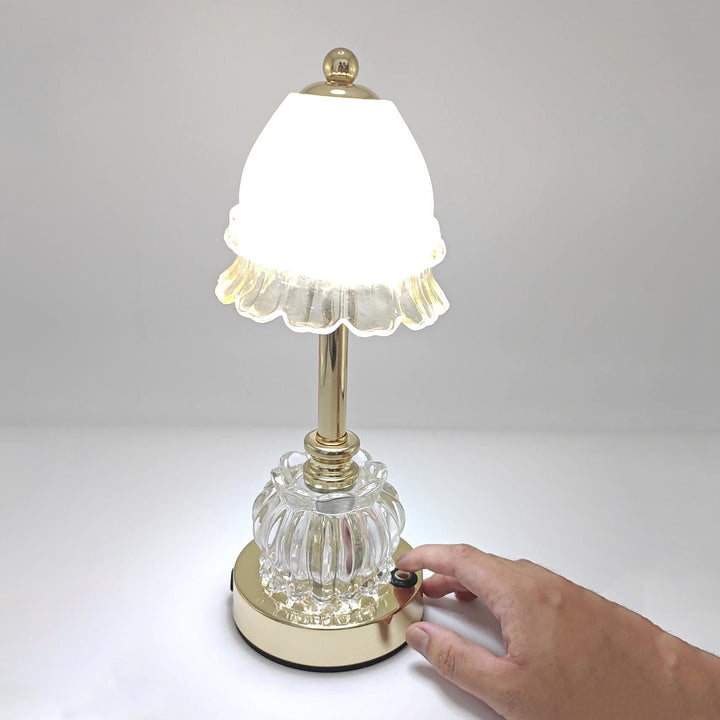 Traditional Vintage Flower Disc Base Rechargeable Iron Glass LED Table Lamp For Bedroom
