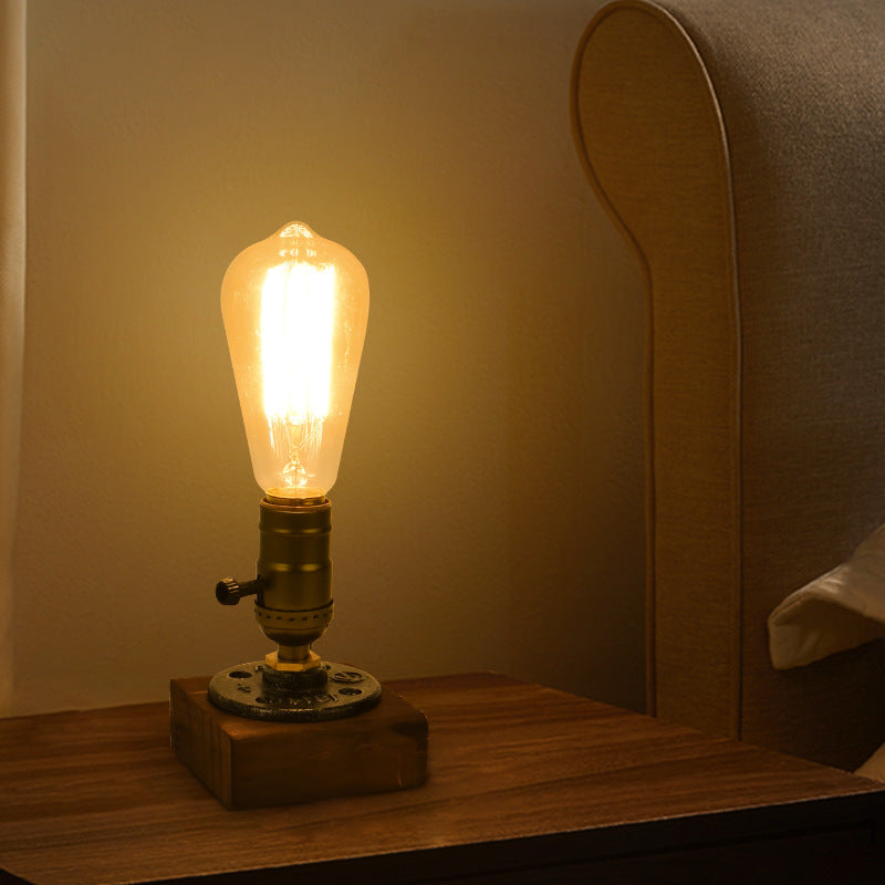 Traditional Vintage Square Round Iron Wood 1-Light Table Lamp For Bedroom