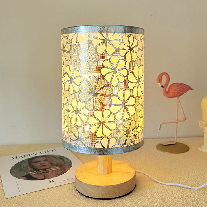 Traditional Vintage Fabric Cylinder Shade Wood Base USB LED Table Lamp For Bedroom