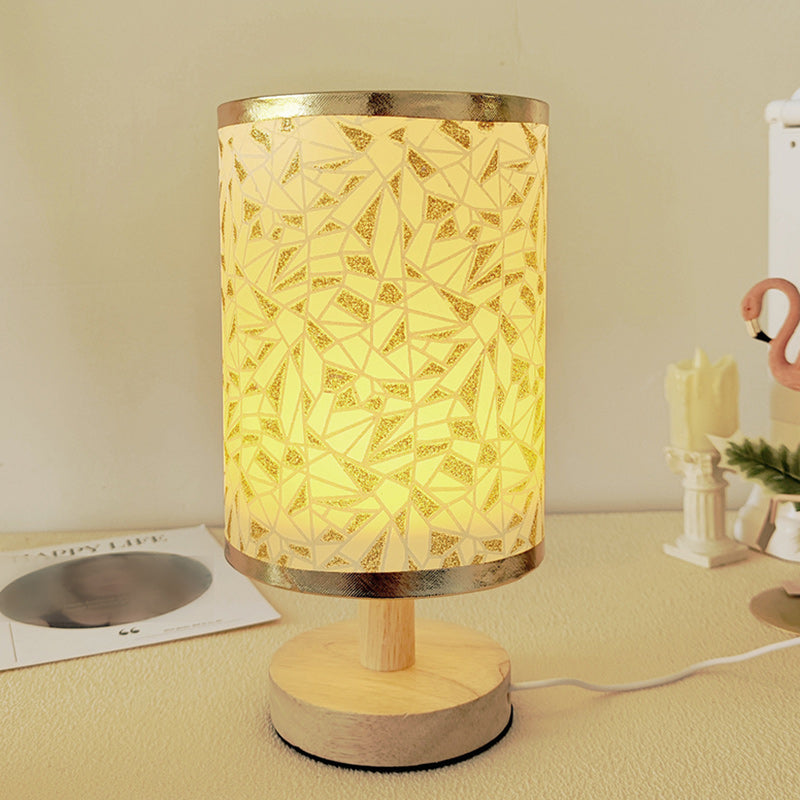 Traditional Vintage Fabric Cylinder Shade Wood Base USB LED Table Lamp For Bedroom