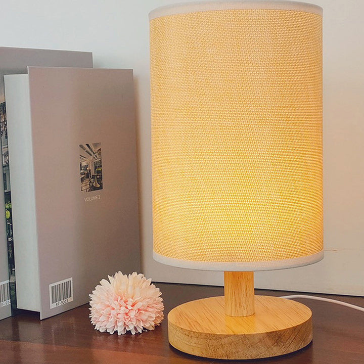 Traditional Vintage Fabric Cylinder Shade Wood Base USB LED Table Lamp For Bedroom