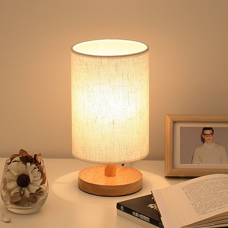 Traditional Vintage Fabric Cylinder Shade Wood Base USB LED Table Lamp For Bedroom