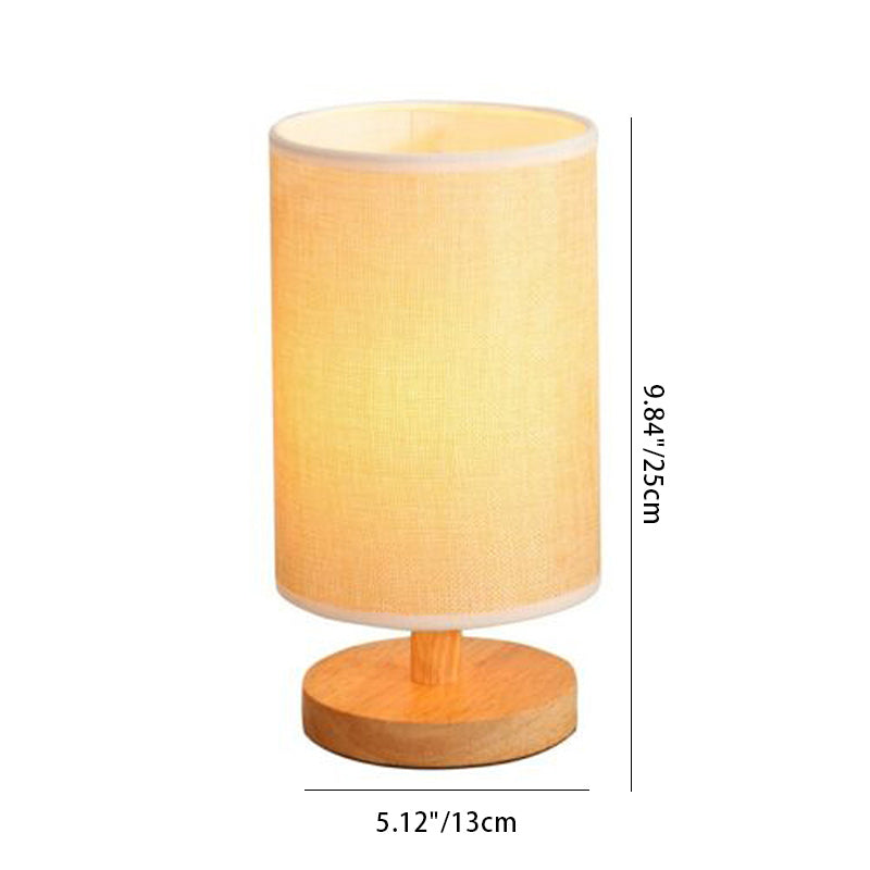 Traditional Vintage Fabric Cylinder Shade Wood Base USB LED Table Lamp For Bedroom