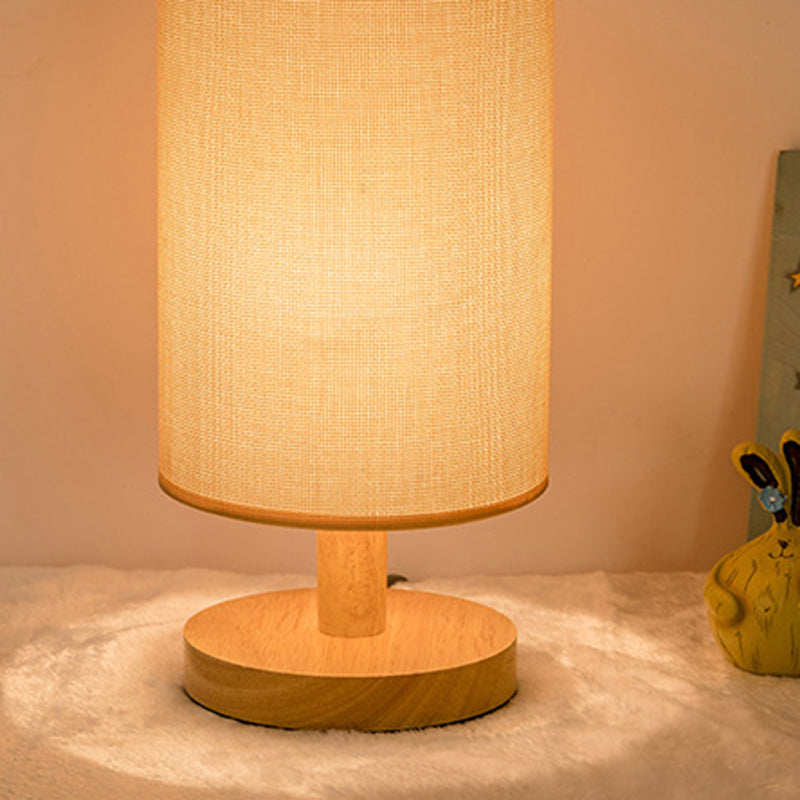 Traditional Vintage Fabric Cylinder Shade Wood Base USB LED Table Lamp For Bedroom