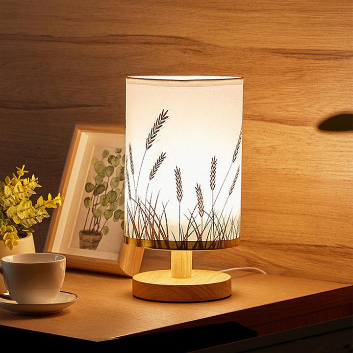 Traditional Vintage Fabric Cylinder Shade Wood Base USB LED Table Lamp For Bedroom