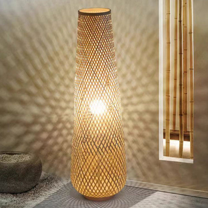 Traditional Japanese Bamboo Weaving Hollow Column 1-Light Standing Floor Lamp For Dining Room