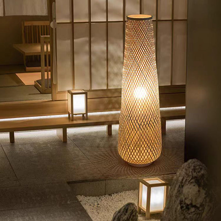 Traditional Japanese Bamboo Weaving Hollow Column 1-Light Standing Floor Lamp For Dining Room