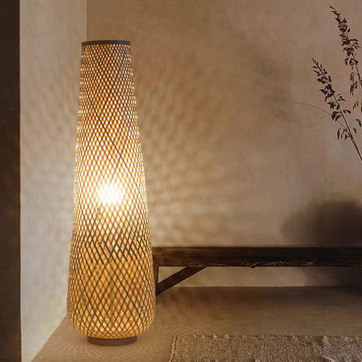 Traditional Japanese Bamboo Weaving Hollow Column 1-Light Standing Floor Lamp For Dining Room