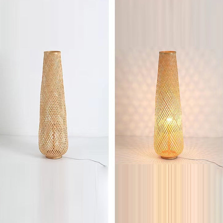 Traditional Japanese Bamboo Weaving Hollow Column 1-Light Standing Floor Lamp For Dining Room
