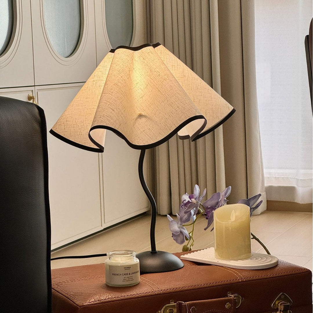 Contemporary Creative Fabric Petal Shade Curved Iron Base 1-Light Table Lamp For Bedroom