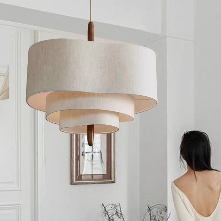 Traditional French Corrugated Fabric Shade Solid Wood 3-Light Pendant Light For Living Room