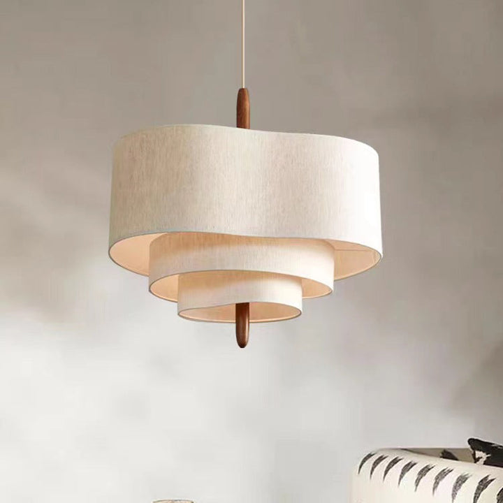 Traditional French Corrugated Fabric Shade Solid Wood 3-Light Pendant Light For Living Room