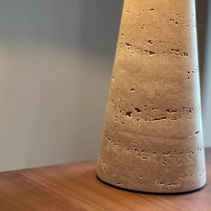 Traditional Japanese Fabric Conical Shade Yellow Travertine Base 1-Light Table Lamp For Study
