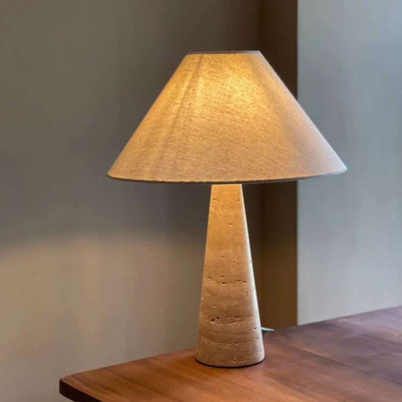 Traditional Japanese Fabric Conical Shade Yellow Travertine Base 1-Light Table Lamp For Study