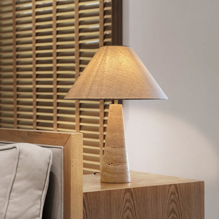 Traditional Japanese Fabric Conical Shade Yellow Travertine Base 1-Light Table Lamp For Study