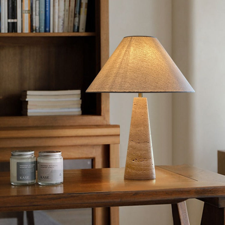 Traditional Japanese Fabric Conical Shade Yellow Travertine Base 1-Light Table Lamp For Study